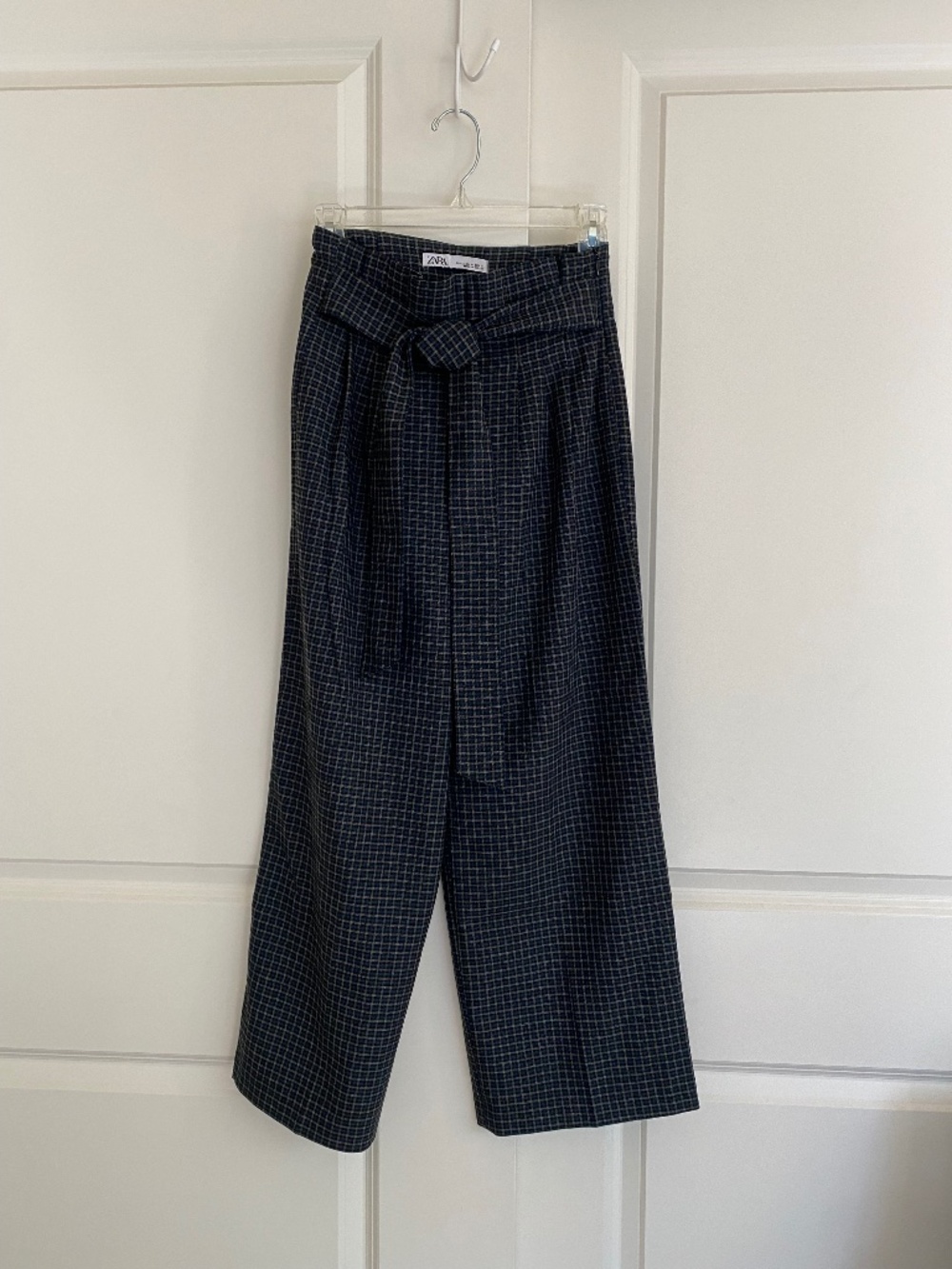 Zara High Waist Wide Leg Plaid Tie Waist Pants